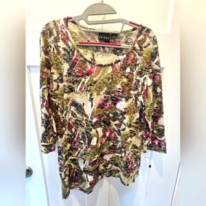 Tribal Women’s Large Printed 3/4 Sleeve Top Multicolor Abstract Floral Scoop Nec